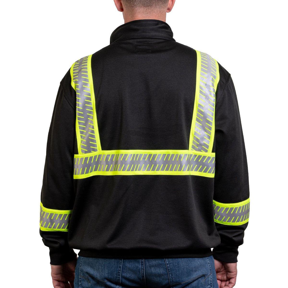 8755 The Survivor Safety Job Shirt With Constrasting & Segmented Tape in Black, back on model