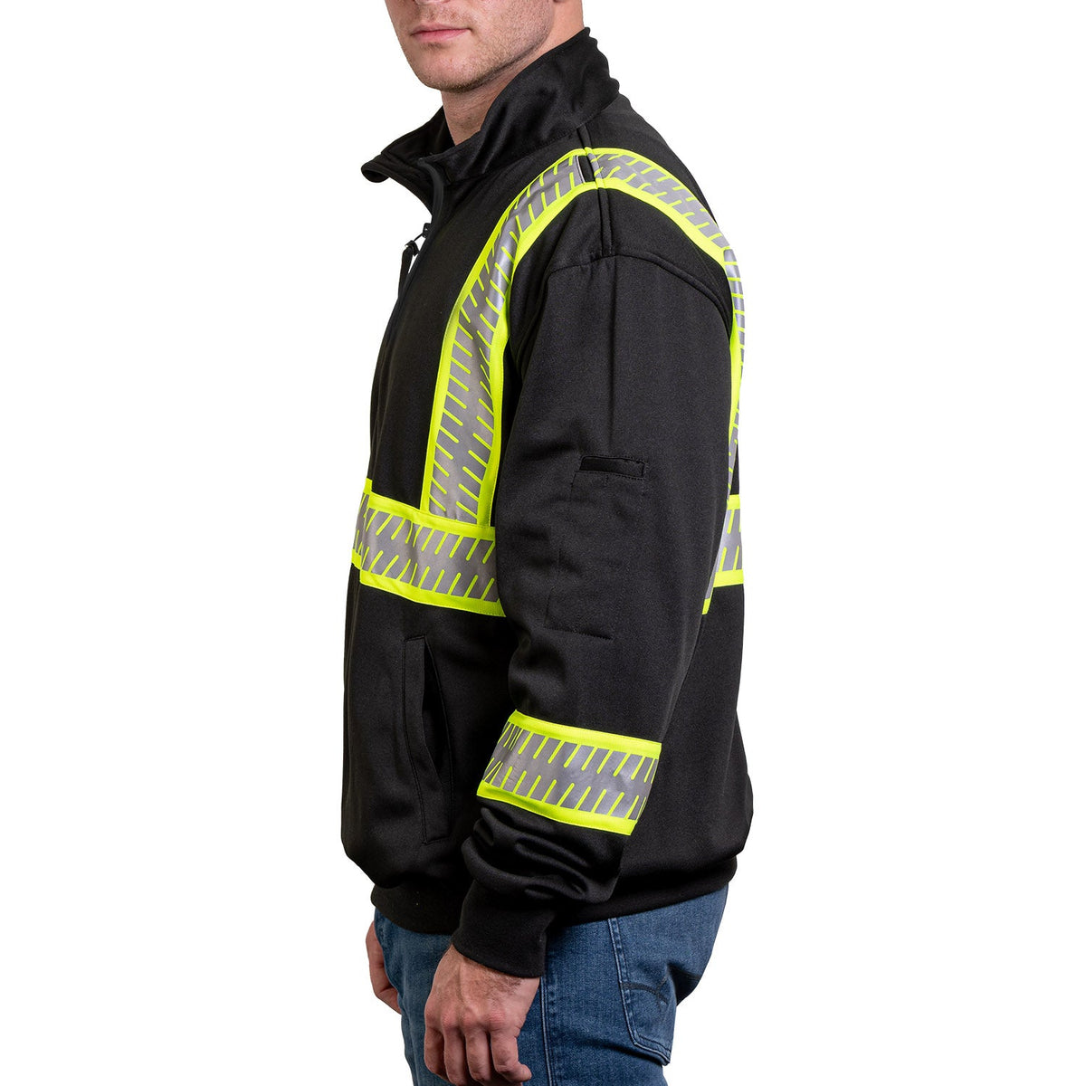 8755 The Survivor Safety Job Shirt With Constrasting & Segmented Tape in Black, side on model