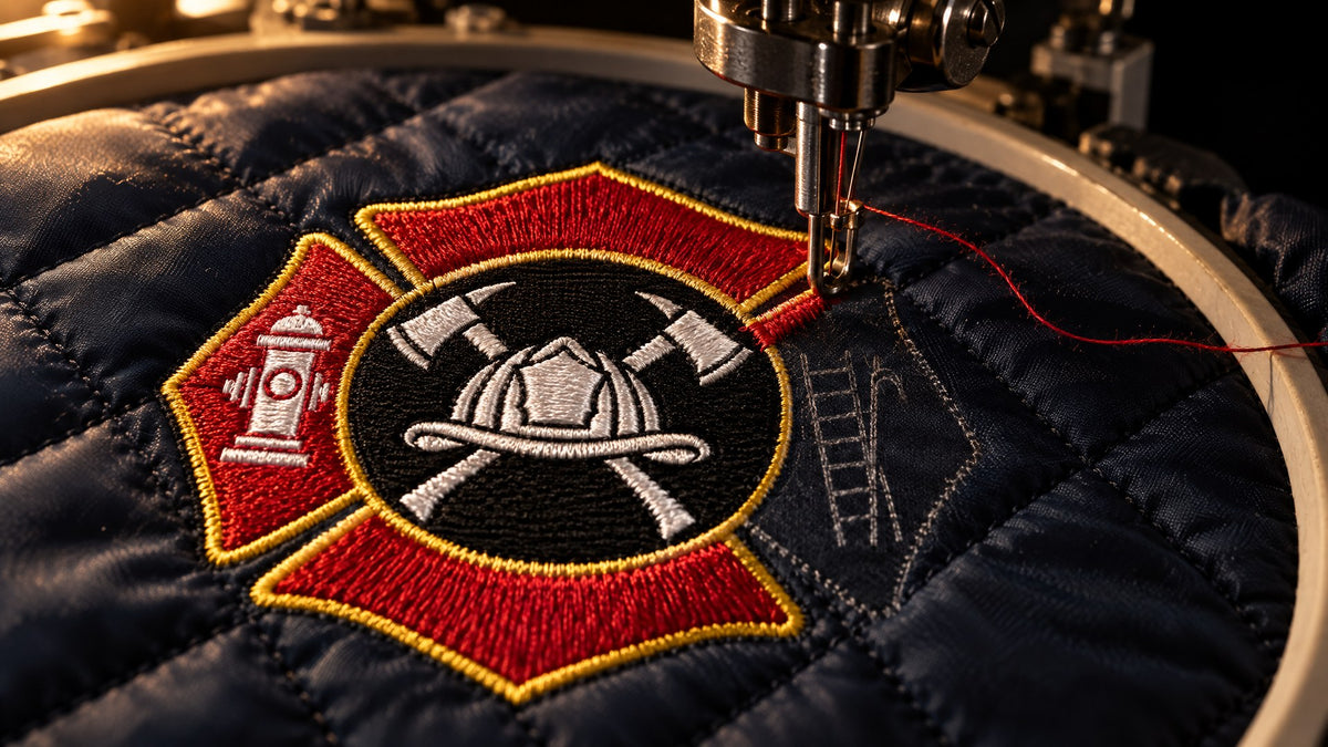 Harbor Point Fire Department emblem being embroidered on a GAME 1221-J jacket