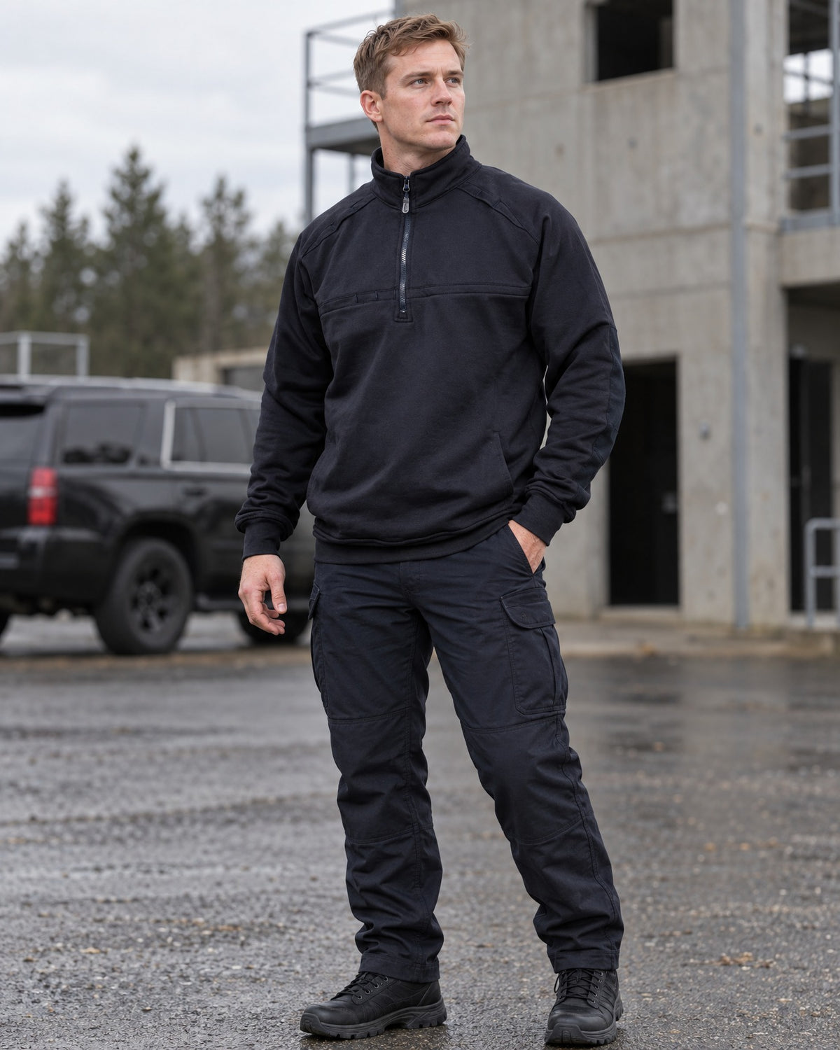 Man wearing the 8595 The Tactical Job Shirt in Navy at a tactical training site