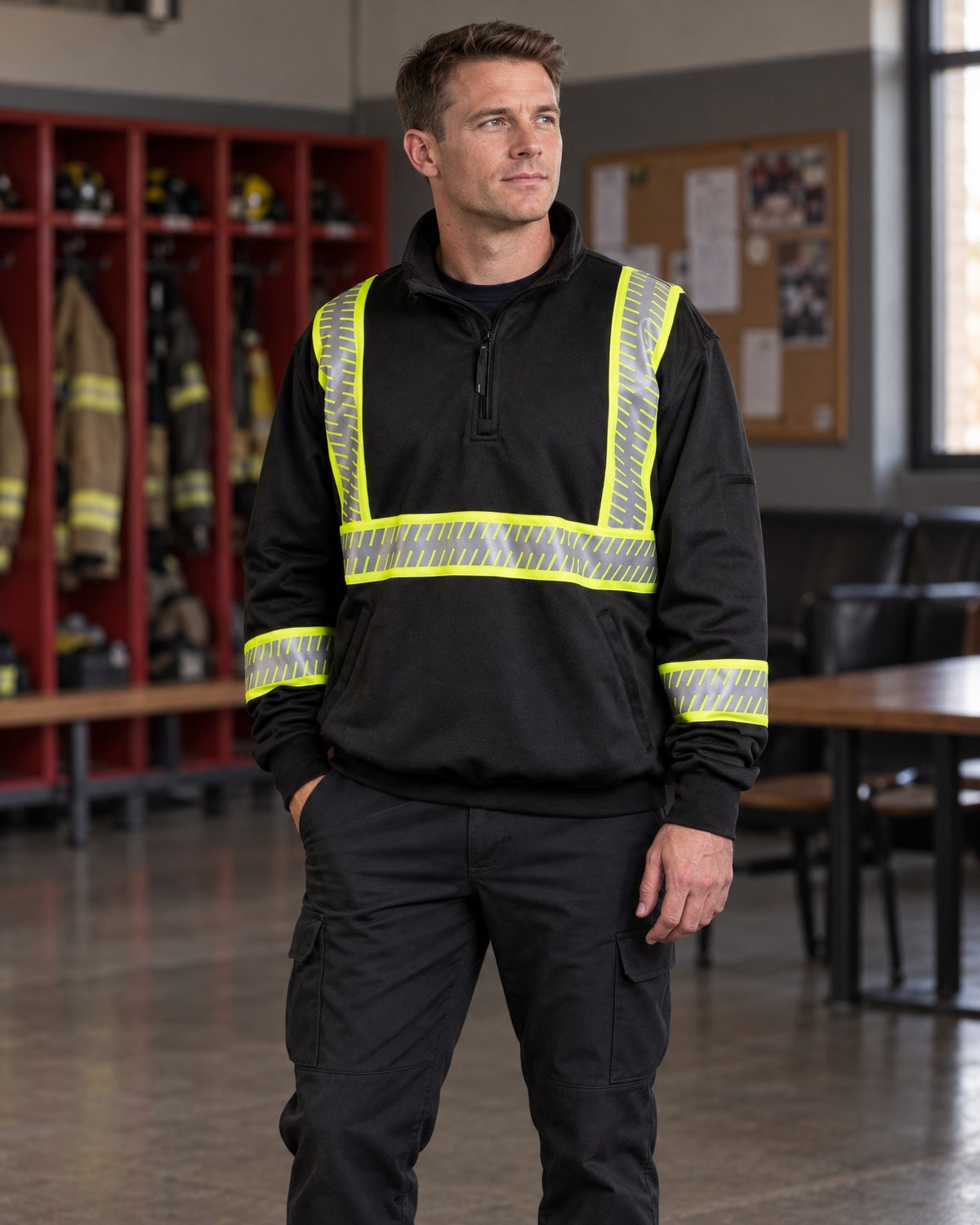 Man wearing the 8755 The Survivor Safety Job Shirt With Constrasting & Segmented Tape in Black in a firehouse day room