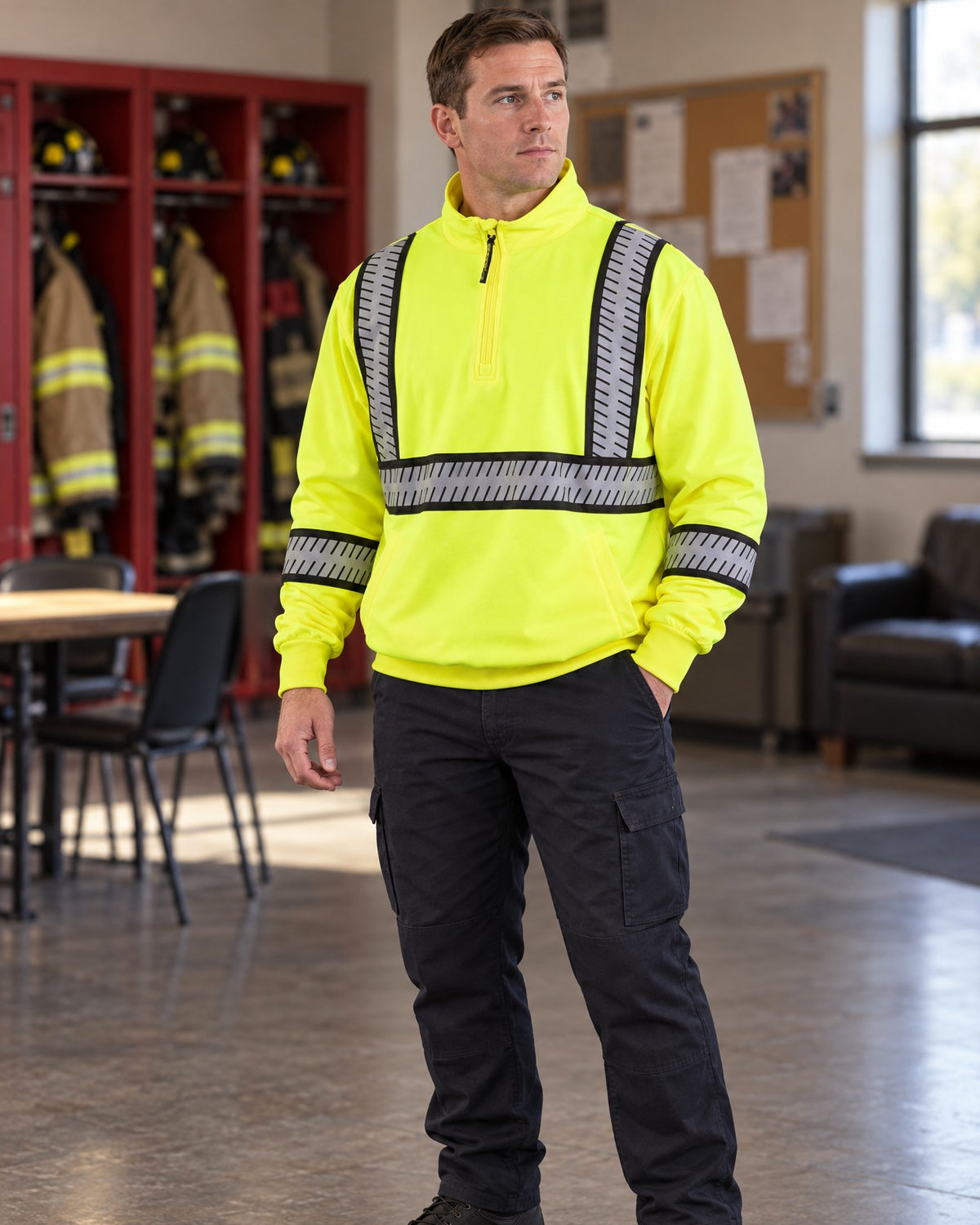 Man wearing the 8755 The Survivor Safety Job Shirt With Constrasting & Segmented Tape in Safety Yellow in a firehouse day room